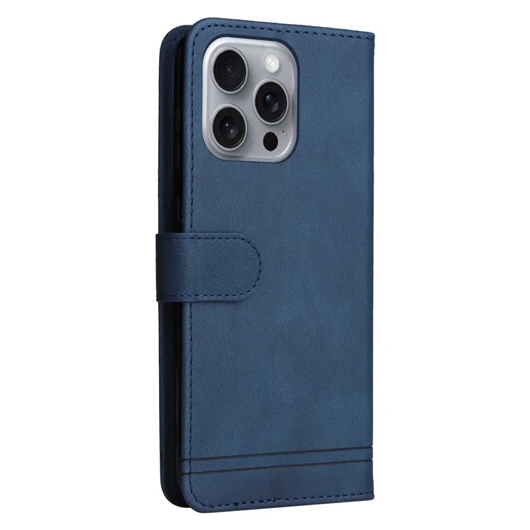 For iPhone 16 Pro Max Case Skin Feeling Leather Wallet Stand Phone Cover with Strap