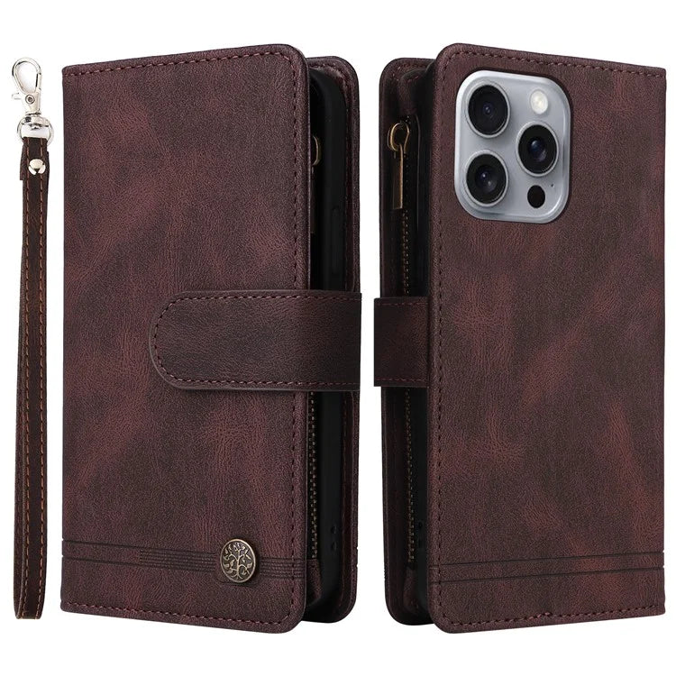 For iPhone 16 Pro Max Case Zipper Pocket Hand Strap Leather Phone Cover