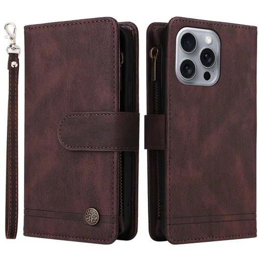 For iPhone 16 Pro Max Case Zipper Pocket Hand Strap Leather Phone Cover