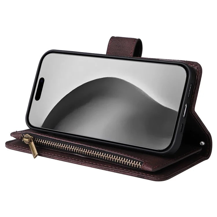 For iPhone 16 Pro Max Case Zipper Pocket Hand Strap Leather Phone Cover