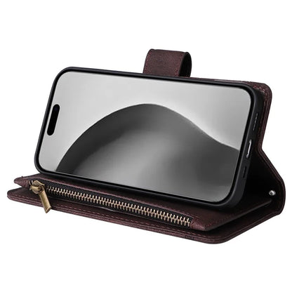 For iPhone 16 Pro Max Case Zipper Pocket Hand Strap Leather Phone Cover