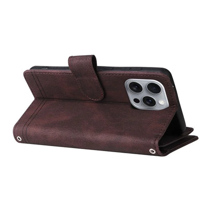 For iPhone 16 Pro Max Case Zipper Pocket Hand Strap Leather Phone Cover