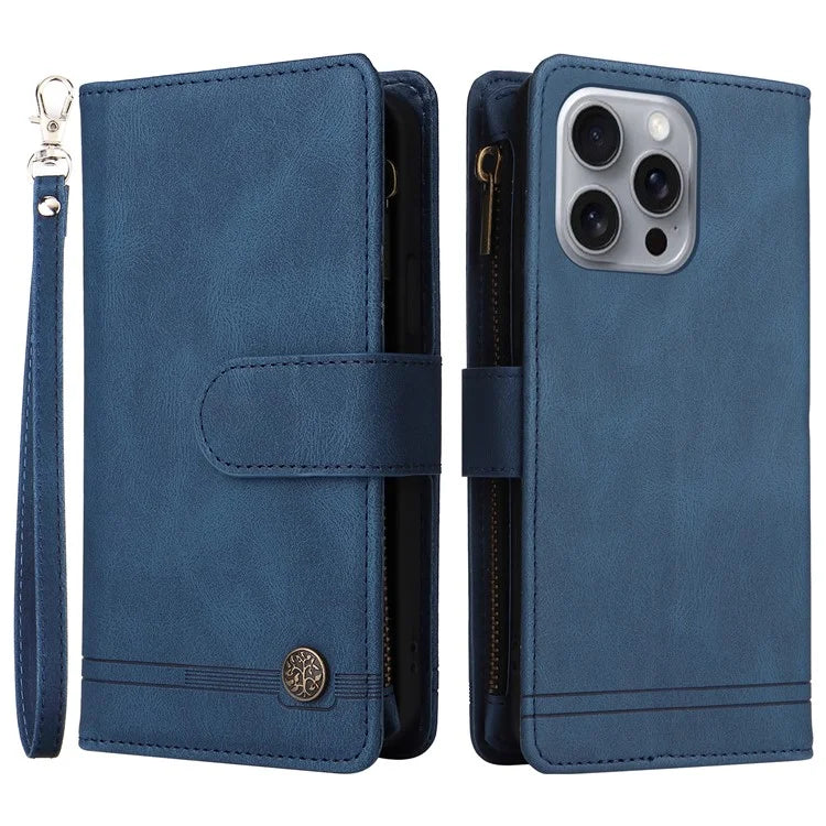 For iPhone 16 Pro Max Case Zipper Pocket Hand Strap Leather Phone Cover