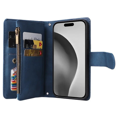 For iPhone 16 Pro Max Case Zipper Pocket Hand Strap Leather Phone Cover
