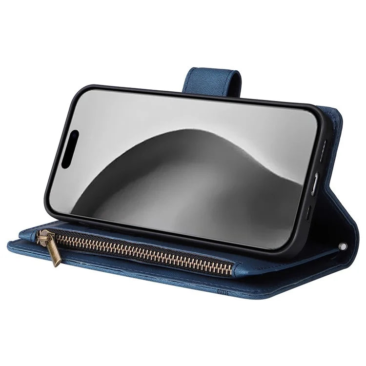 For iPhone 16 Pro Max Case Zipper Pocket Hand Strap Leather Phone Cover