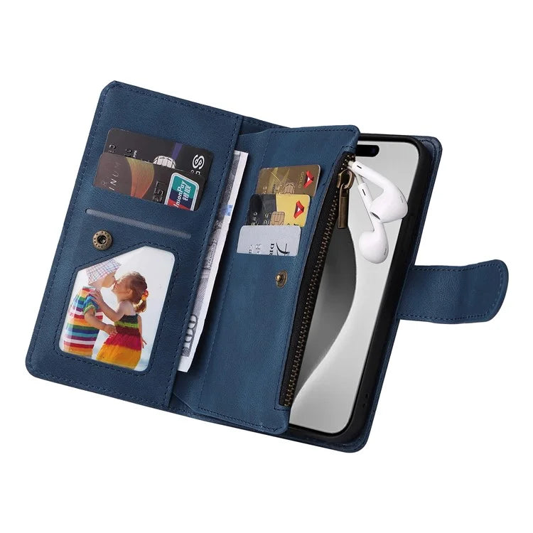 For iPhone 16 Pro Max Case Zipper Pocket Hand Strap Leather Phone Cover