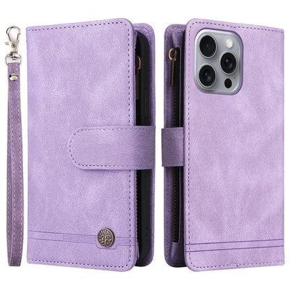 For iPhone 16 Pro Max Case Zipper Pocket Hand Strap Leather Phone Cover