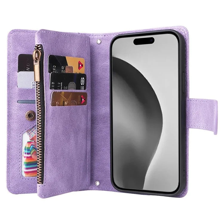 For iPhone 16 Pro Max Case Zipper Pocket Hand Strap Leather Phone Cover