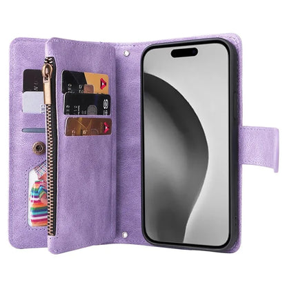 For iPhone 16 Pro Max Case Zipper Pocket Hand Strap Leather Phone Cover