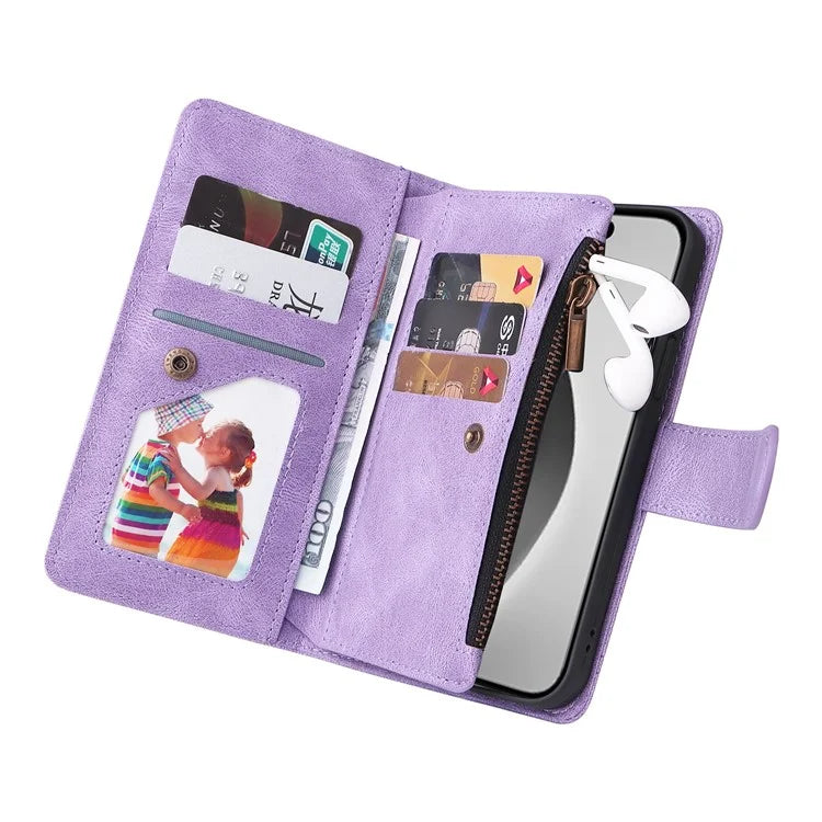 For iPhone 16 Pro Max Case Zipper Pocket Hand Strap Leather Phone Cover