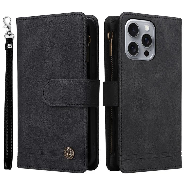 For iPhone 16 Pro Max Case Zipper Pocket Hand Strap Leather Phone Cover