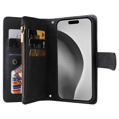 For iPhone 16 Pro Max Case Zipper Pocket Hand Strap Leather Phone Cover