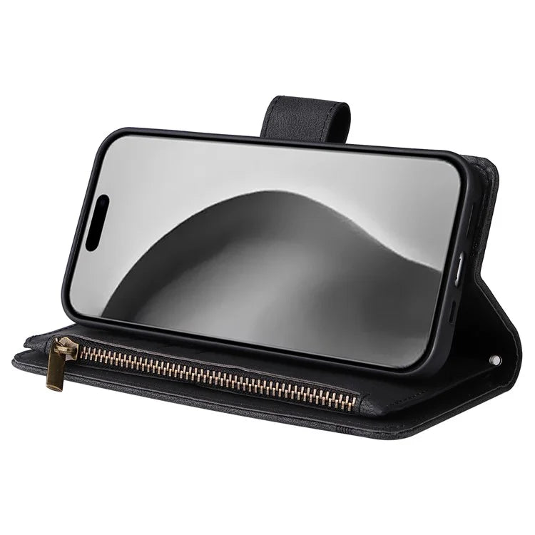 For iPhone 16 Pro Max Case Zipper Pocket Hand Strap Leather Phone Cover