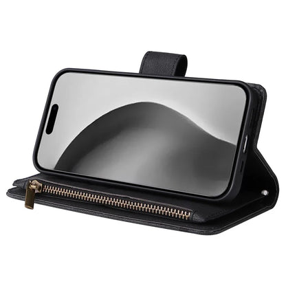 For iPhone 16 Pro Max Case Zipper Pocket Hand Strap Leather Phone Cover