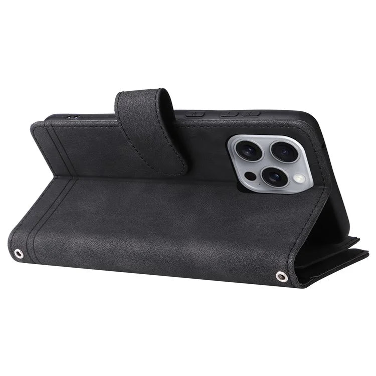 For iPhone 16 Pro Max Case Zipper Pocket Hand Strap Leather Phone Cover