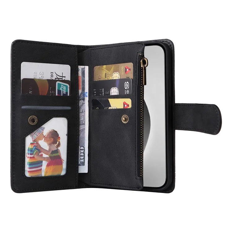 For iPhone 16 Pro Max Case Zipper Pocket Hand Strap Leather Phone Cover