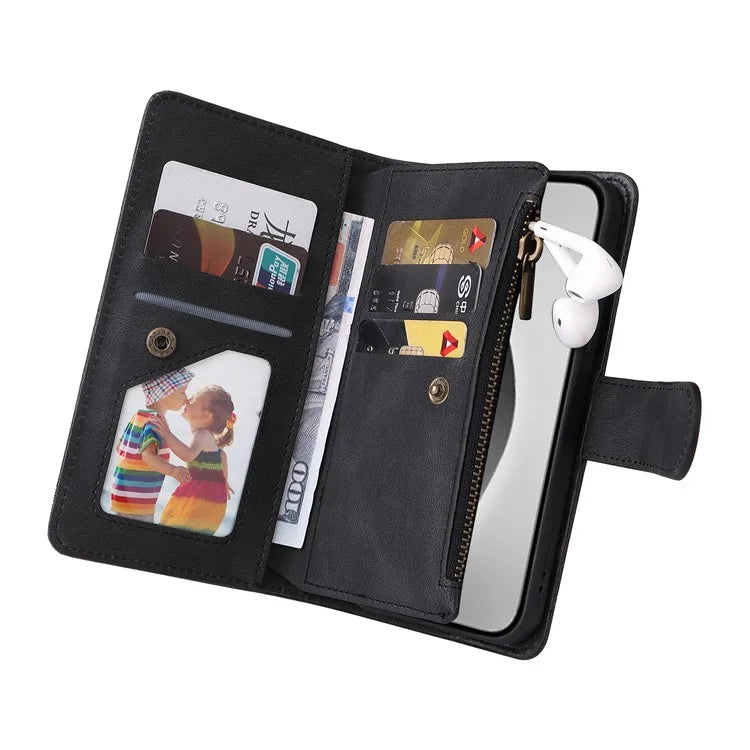 For iPhone 16 Pro Max Case Zipper Pocket Hand Strap Leather Phone Cover