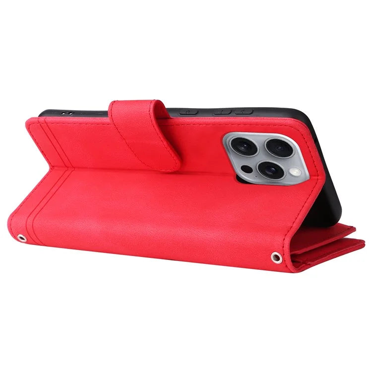 For iPhone 16 Pro Max Case Zipper Pocket Hand Strap Leather Phone Cover