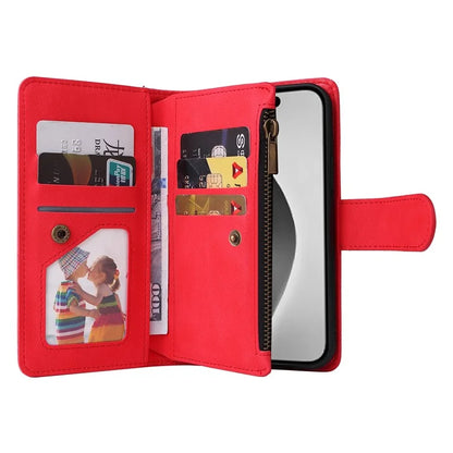 For iPhone 16 Pro Max Case Zipper Pocket Hand Strap Leather Phone Cover