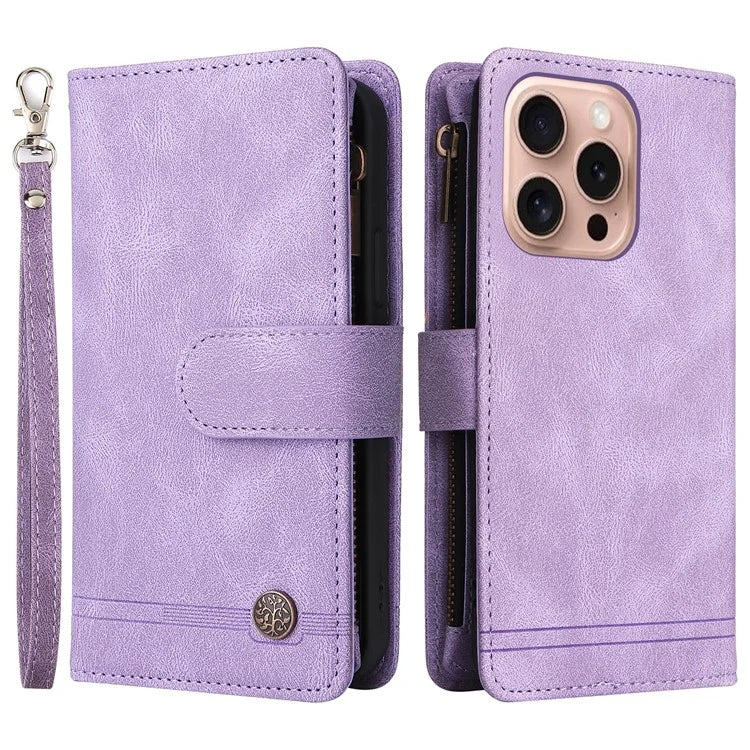 For iPhone 16 Pro Case Leather Folio Wallet Phone Cover with Stand Zipper Pocket