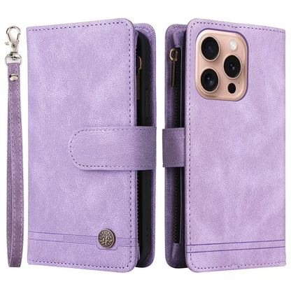 For iPhone 16 Pro Case Leather Folio Wallet Phone Cover with Stand Zipper Pocket