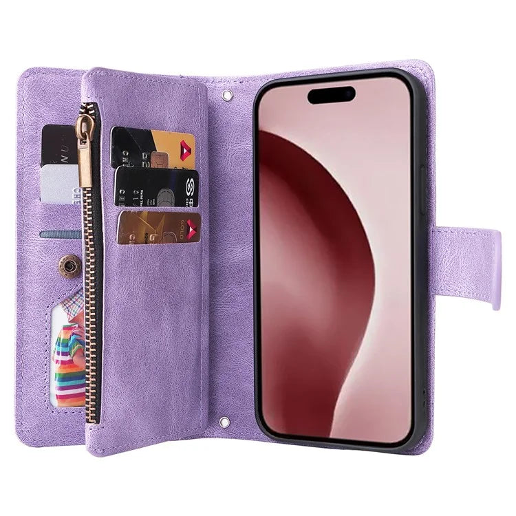 For iPhone 16 Pro Case Leather Folio Wallet Phone Cover with Stand Zipper Pocket