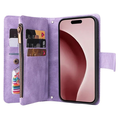 For iPhone 16 Pro Case Leather Folio Wallet Phone Cover with Stand Zipper Pocket