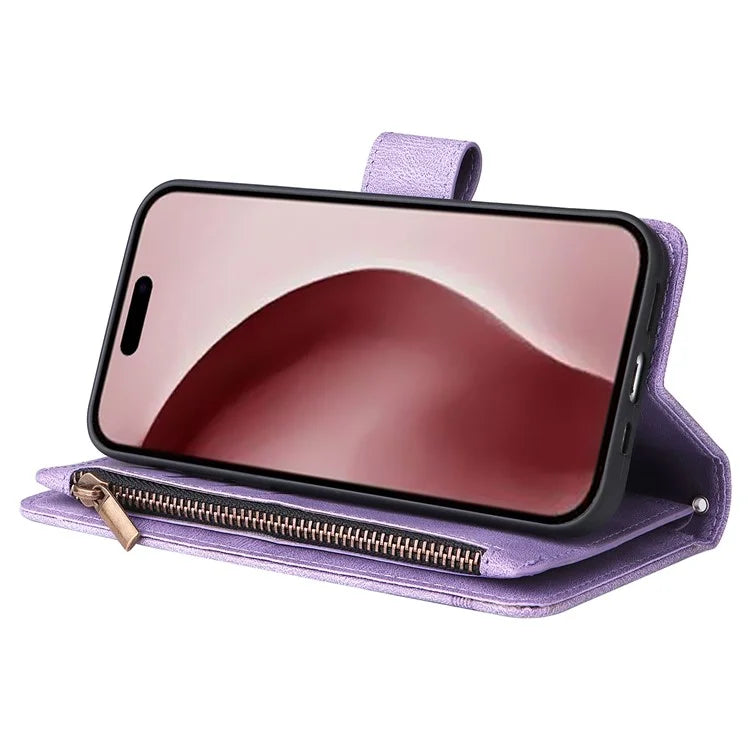For iPhone 16 Pro Case Leather Folio Wallet Phone Cover with Stand Zipper Pocket