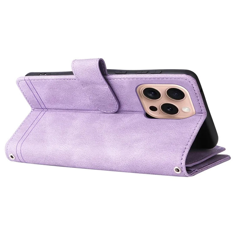 For iPhone 16 Pro Case Leather Folio Wallet Phone Cover with Stand Zipper Pocket