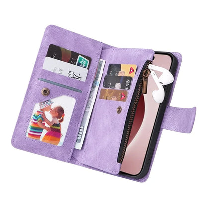 For iPhone 16 Pro Case Leather Folio Wallet Phone Cover with Stand Zipper Pocket