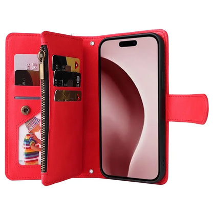 For iPhone 16 Pro Case Leather Folio Wallet Phone Cover with Stand Zipper Pocket