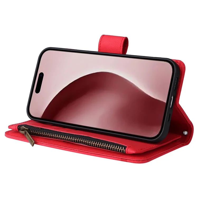 For iPhone 16 Pro Case Leather Folio Wallet Phone Cover with Stand Zipper Pocket