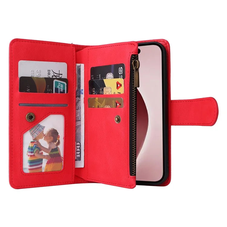 For iPhone 16 Pro Case Leather Folio Wallet Phone Cover with Stand Zipper Pocket