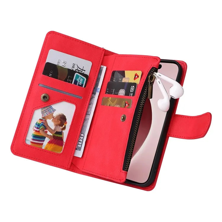 For iPhone 16 Pro Case Leather Folio Wallet Phone Cover with Stand Zipper Pocket