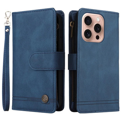 For iPhone 16 Pro Case Leather Folio Wallet Phone Cover with Stand Zipper Pocket