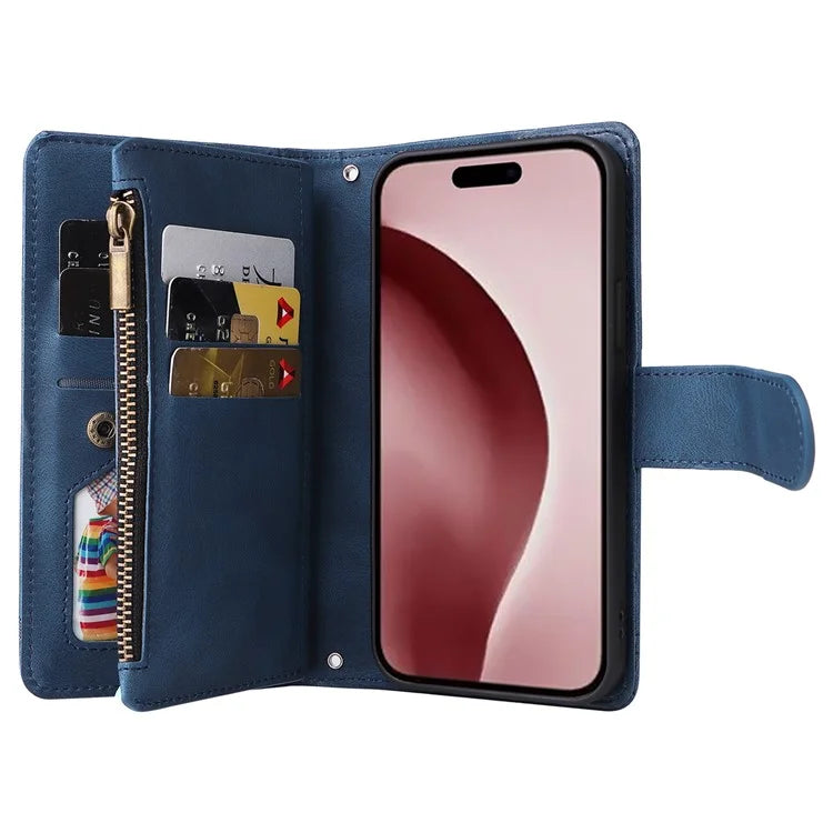 For iPhone 16 Pro Case Leather Folio Wallet Phone Cover with Stand Zipper Pocket
