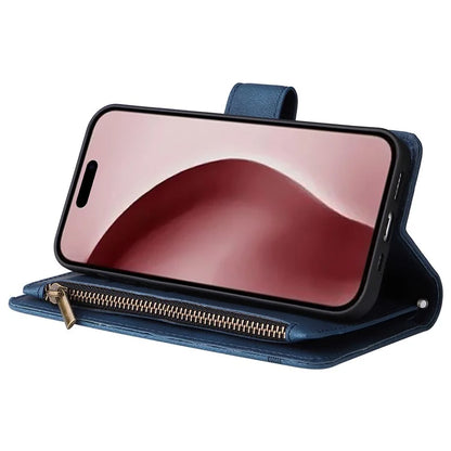 For iPhone 16 Pro Case Leather Folio Wallet Phone Cover with Stand Zipper Pocket