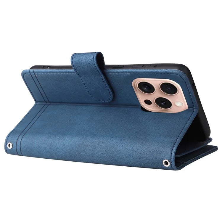 For iPhone 16 Pro Case Leather Folio Wallet Phone Cover with Stand Zipper Pocket