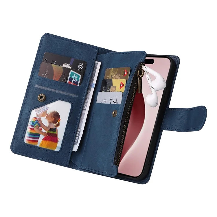 For iPhone 16 Pro Case Leather Folio Wallet Phone Cover with Stand Zipper Pocket