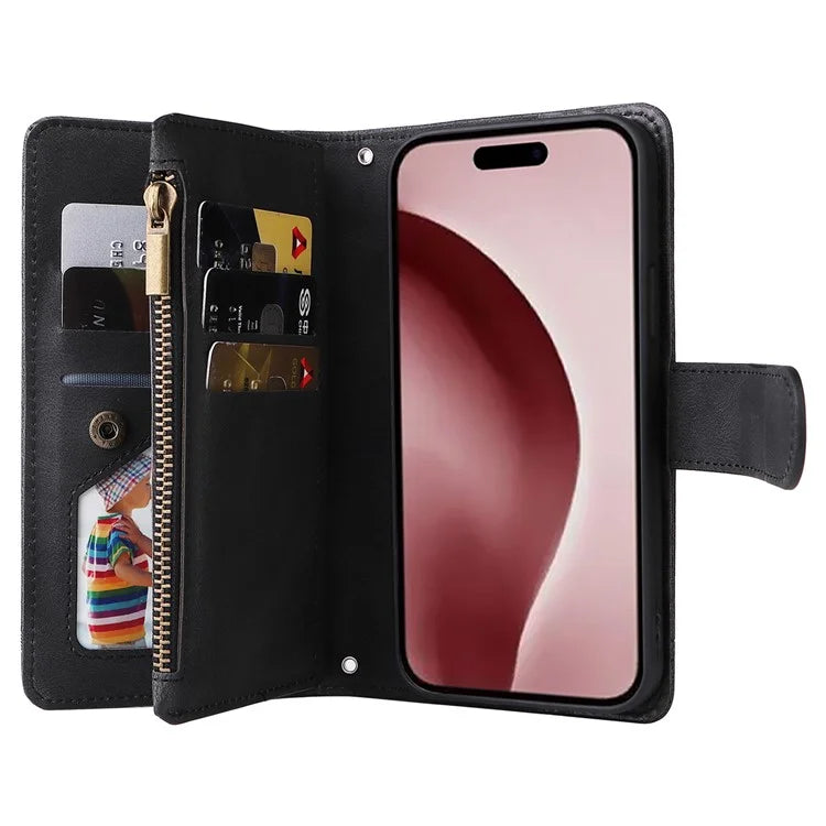 For iPhone 16 Pro Case Leather Folio Wallet Phone Cover with Stand Zipper Pocket