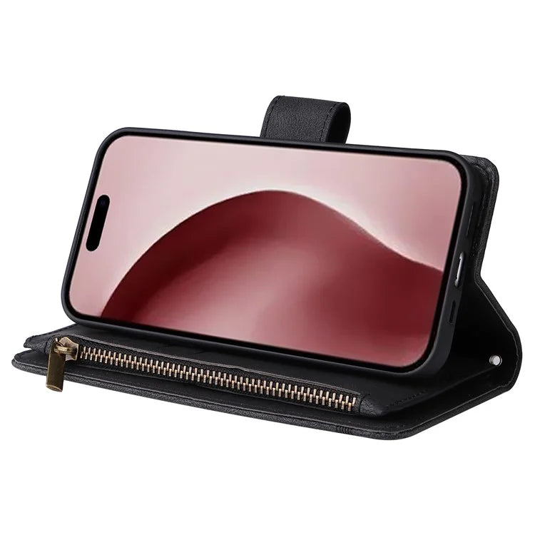 For iPhone 16 Pro Case Leather Folio Wallet Phone Cover with Stand Zipper Pocket