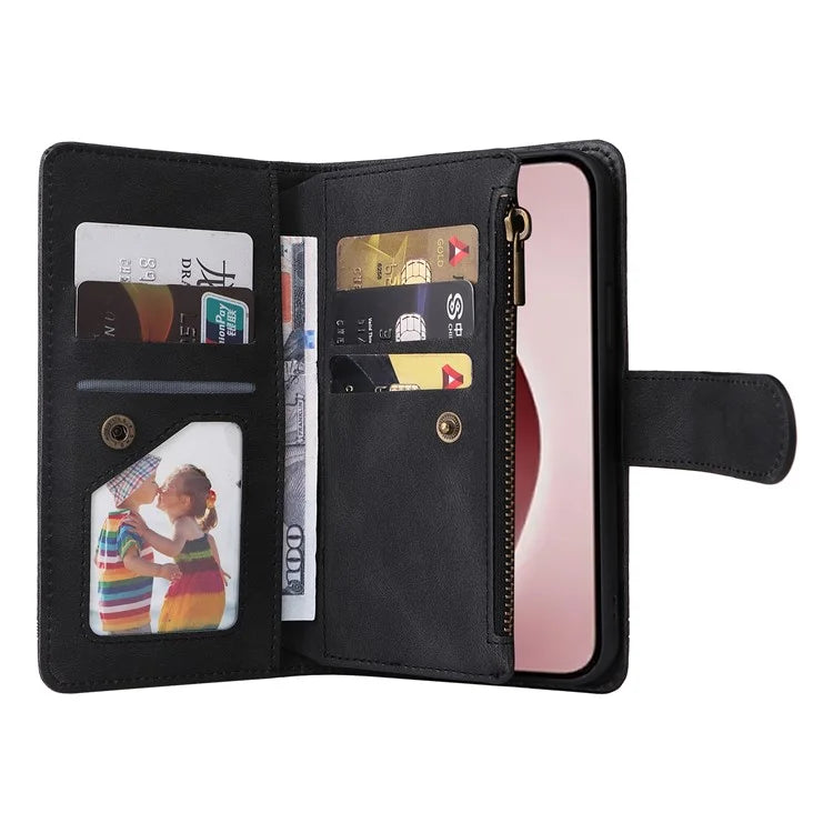 For iPhone 16 Pro Case Leather Folio Wallet Phone Cover with Stand Zipper Pocket