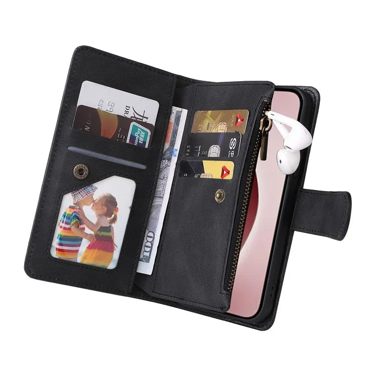 For iPhone 16 Pro Case Leather Folio Wallet Phone Cover with Stand Zipper Pocket