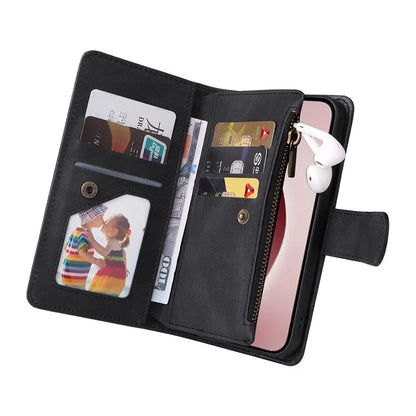 For iPhone 16 Pro Case Leather Folio Wallet Phone Cover with Stand Zipper Pocket