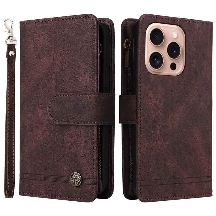 For iPhone 16 Pro Case Leather Folio Wallet Phone Cover with Stand Zipper Pocket