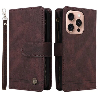For iPhone 16 Pro Case Leather Folio Wallet Phone Cover with Stand Zipper Pocket