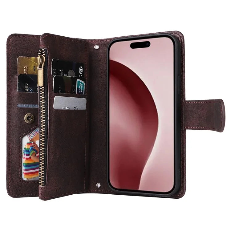 For iPhone 16 Pro Case Leather Folio Wallet Phone Cover with Stand Zipper Pocket