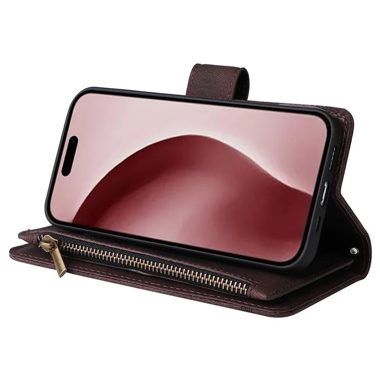 For iPhone 16 Pro Case Leather Folio Wallet Phone Cover with Stand Zipper Pocket