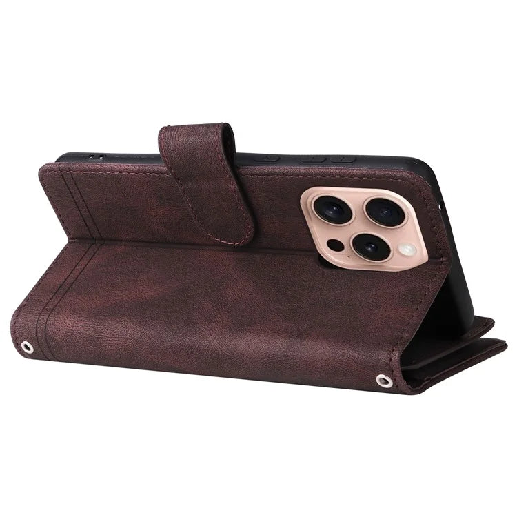 For iPhone 16 Pro Case Leather Folio Wallet Phone Cover with Stand Zipper Pocket