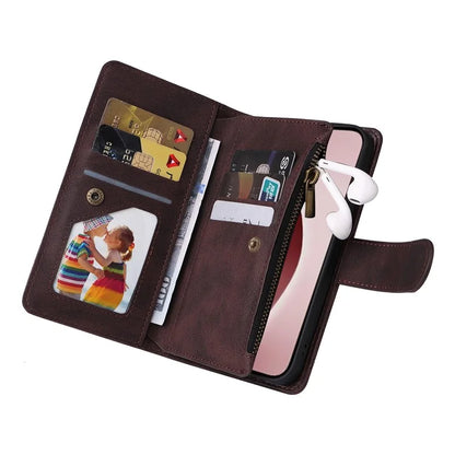For iPhone 16 Pro Case Leather Folio Wallet Phone Cover with Stand Zipper Pocket